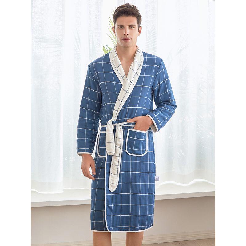 Cotton Absorbent Bathrobe Pajamas Men's and Women's Couple Nightgown Soft Plaid Men's Pure Cotton Pajamas Homewear Women's