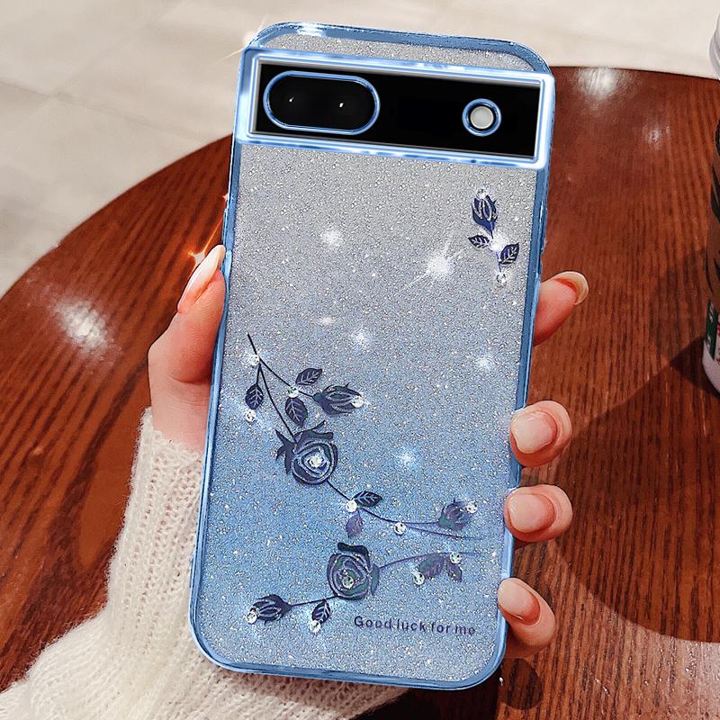

KADEM For Google Pixel 7a Case Flower Decor Bump Proof Phone Cover Blue