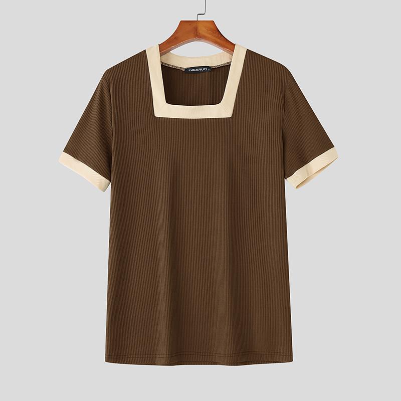 

INCERUN Men Summer Square Collar Short Sleeve Stitching Ribbed Casual T-shirts 5XL коричневый