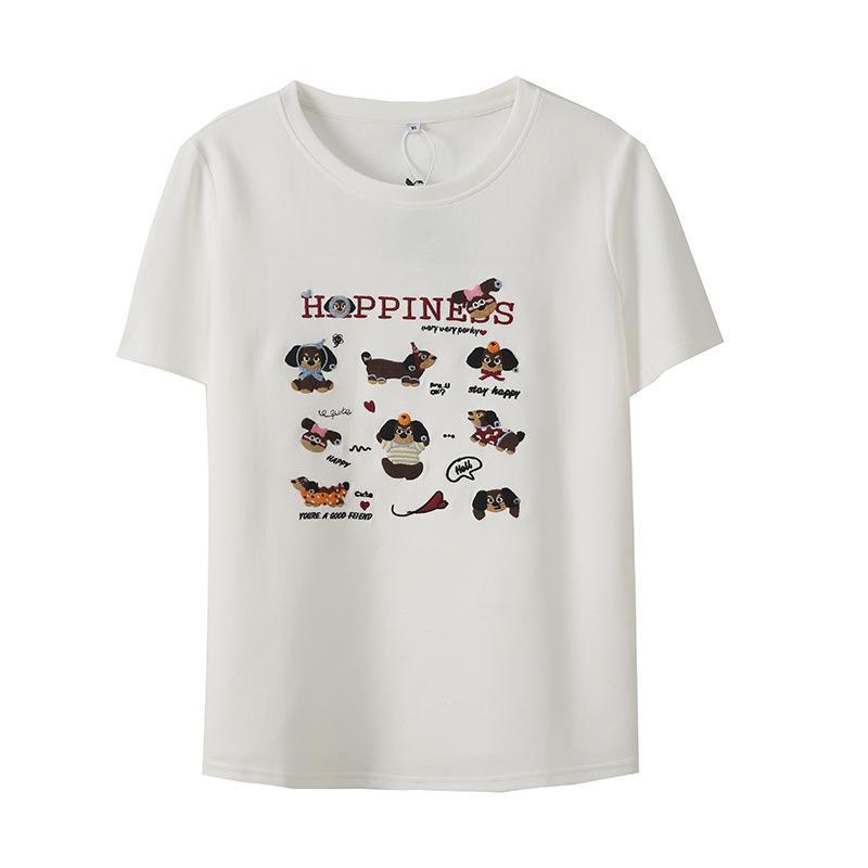 

Haitangm Spring Embroidered Little Dog Round Neck Women s Short Sleeve Pullover Top XL (65-75 kg) грязно-белый
