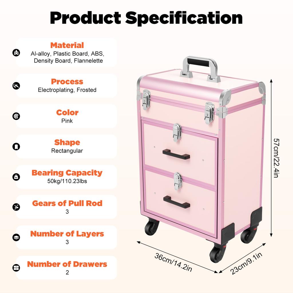 Rofessional Rolling Makeup Case, 3-Layer Train Case with 40 Compartments & 2 Drawers, 50kg Capacity Portable Beauty Organizer
