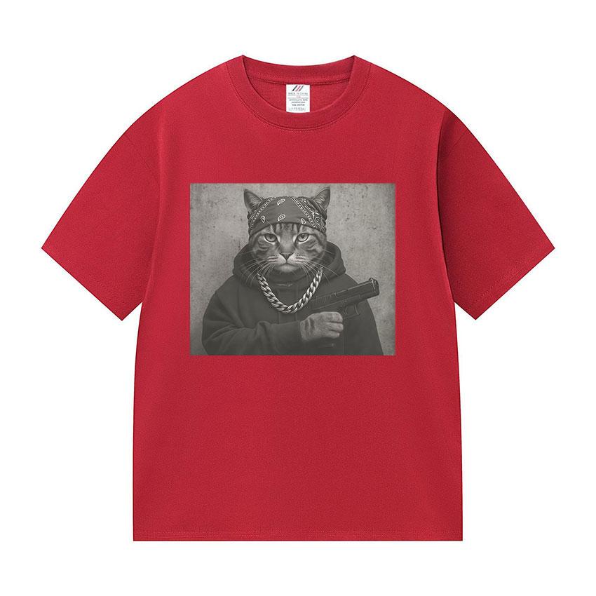 2025 Summer Funny Cat Graphic Print T Shirt Gang Cat Cool Hip Hop Men's Vintage High Quality 100% Pure Cotton Printed T-shirt