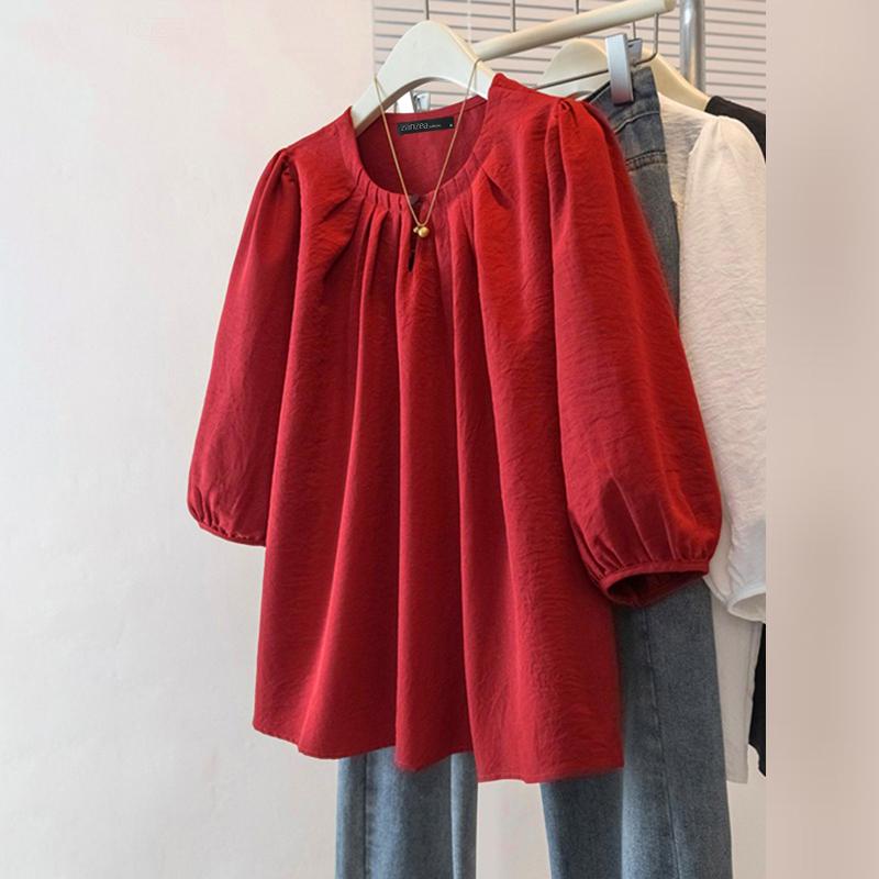 ZANZEA Dámská ležérní halenka s kulatým výstřihem, jednobarevná, s 3/4 rukávem, volného střihu