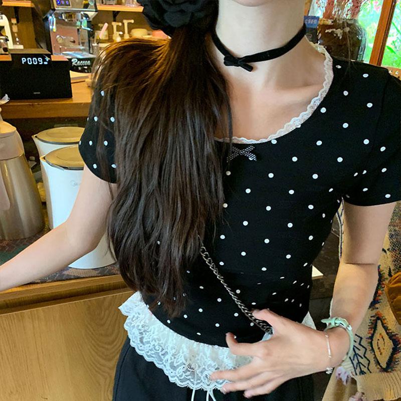Polka Dot Bow Pullovers Women's Lace Patchwork Summer Slim Short Sleeve French Style Gentle O-Neck T-shirts New