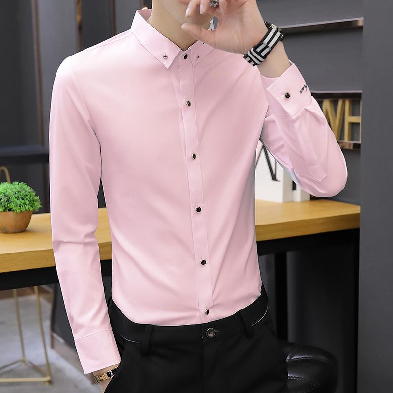 Herren Kleinkragen Langarmhemd Minimale Stickerei Schmal Geschnitten Uni Business Casual Hemd