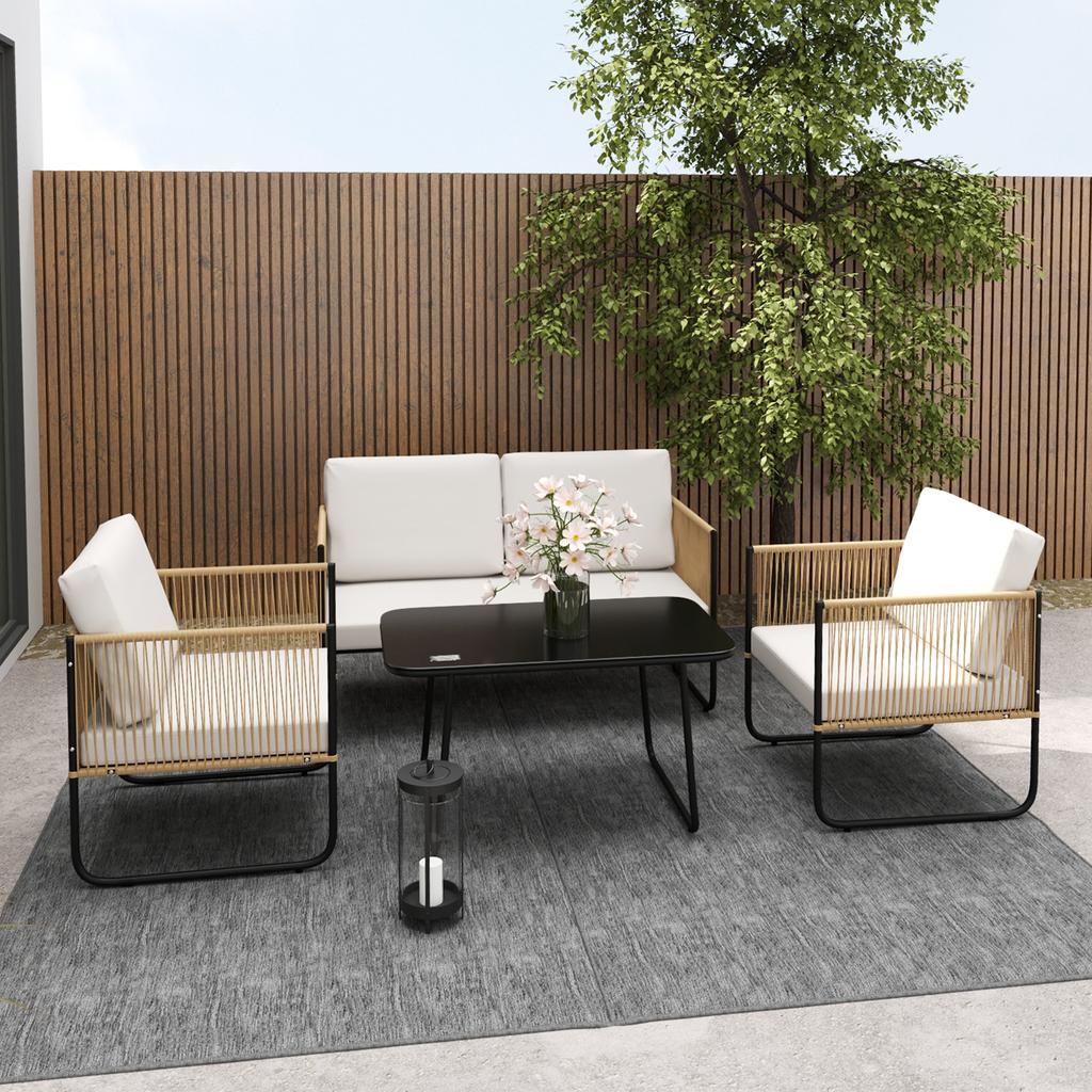 4-Piece Garden Furniture Set with 2-Seater Sofa, 2 Armchairs, 1 Glass Coffee Table and Cushions – Cream White