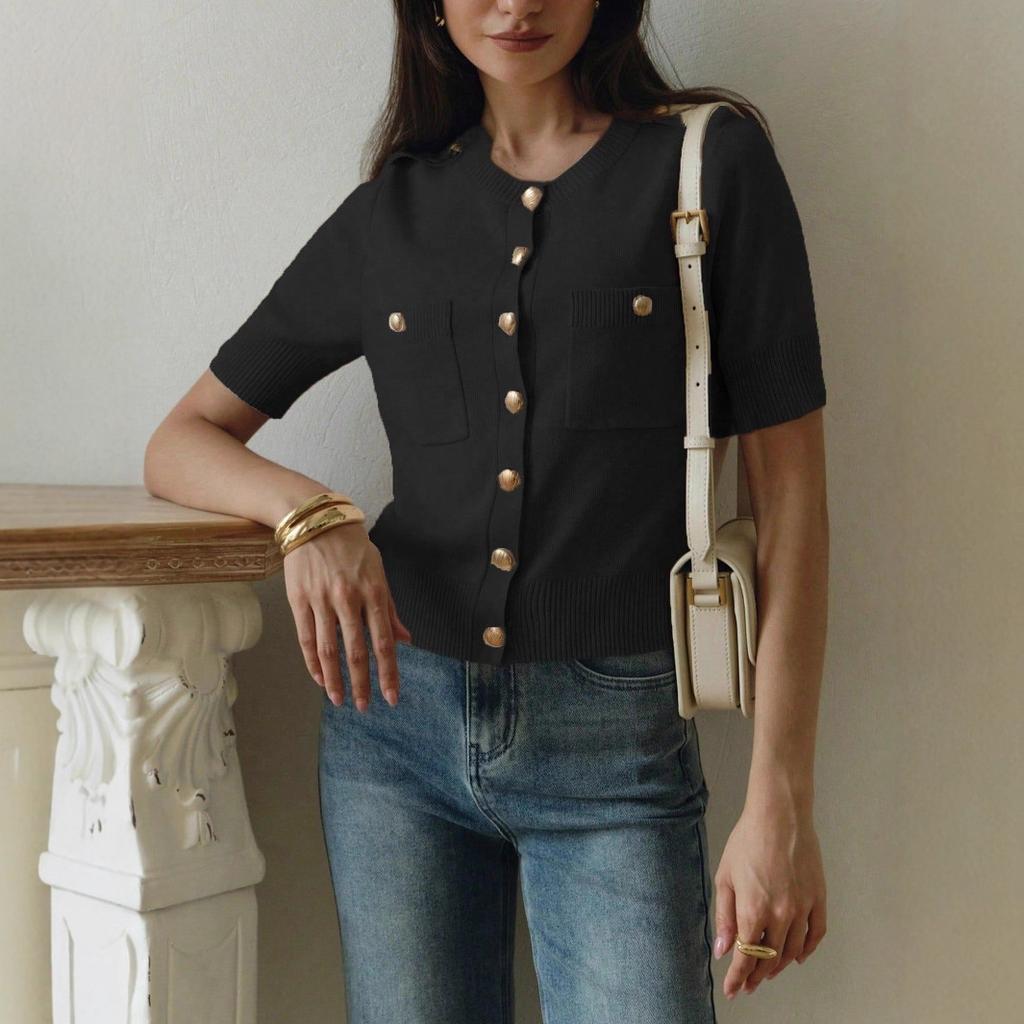 Women's Short Sleeve Cardigan with Gold Buttons and Pockets