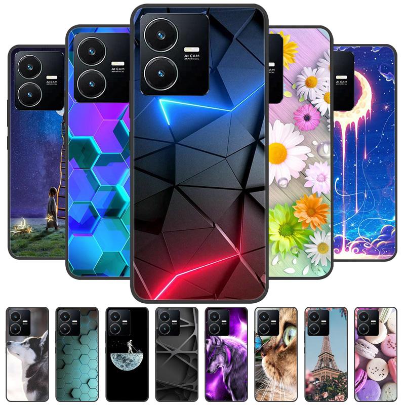 Pour Coque Vivo Y22 Y22s 2022 Mode Peinte Noir Silicone Souple Arrière Pour Coque Téléphone Vivo Y22s VivoY22 Y 22 Y22 s 4G