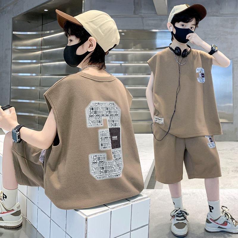 

Summer Boys Loose Sleeveless Printed T-Shirt Tops+Shorts Pant School Kids 2PCS Tracksuit Child Outfit Student Workout Set 170 кавовий