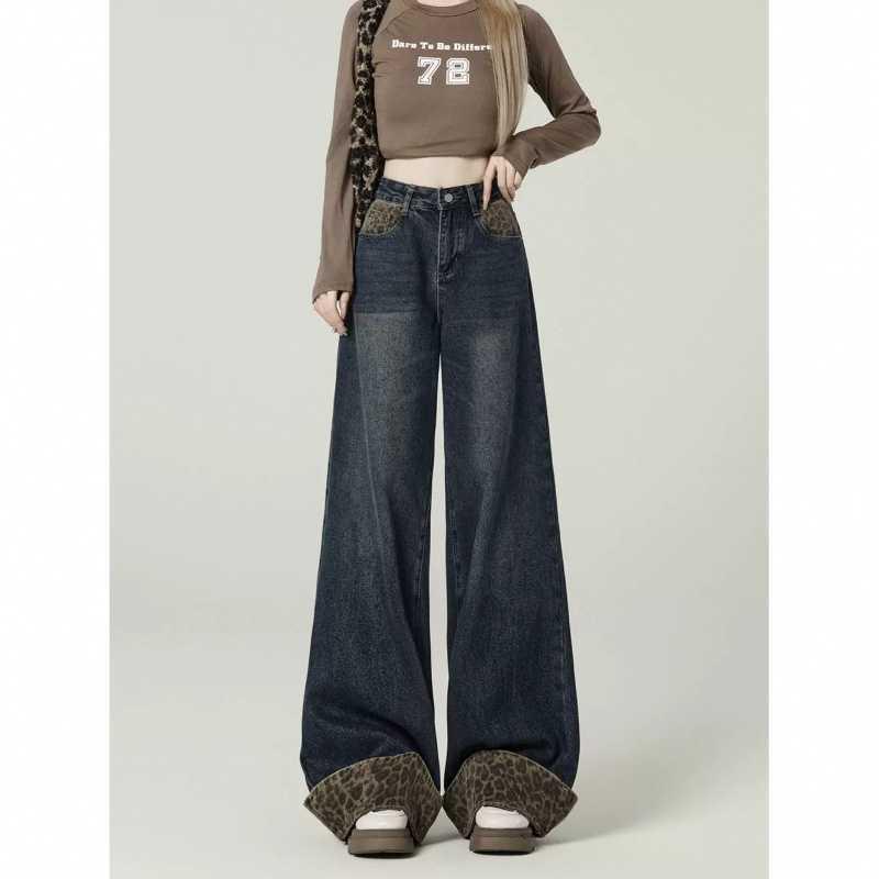 

Женские джинсы с высокой посадкой, широкими штанинами и леопардовым принтом - Свободные, длиной до пола, Новые и Модные Extra Small синий