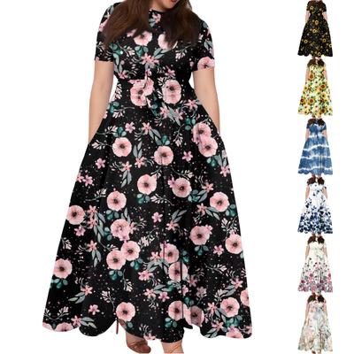 Robe trapèze décontractée à la mode pour femmes, grande taille, imprimée, col rond, manches courtes, poches, bretelles