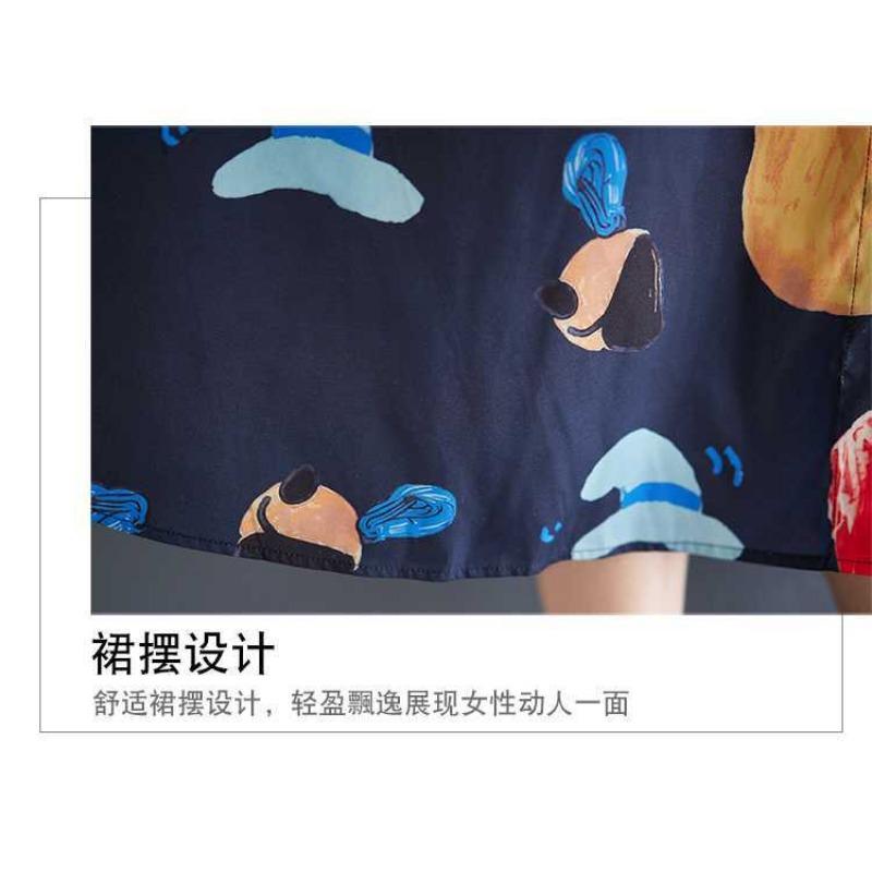 New Loose Large Size Oceanic Printing Mid-length Literary Retro Dresses