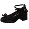Shallow thick heel single shoes Mary Jane shoes women's 2025 spring new fairy style small man height increase French bow