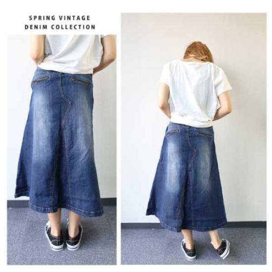 Större Storlekar Kläder Lång Kjol Jeanskjol Lång Längd Stretch Denim Blå 3L WD-0085