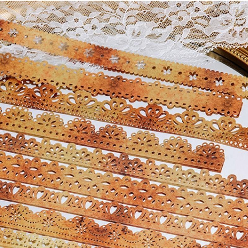 10 Sheets Yellow Dyed Hollow Lace Material Papers Junk Journal Planner Scrapbooking Sticker Decorative DIY Craft Paper