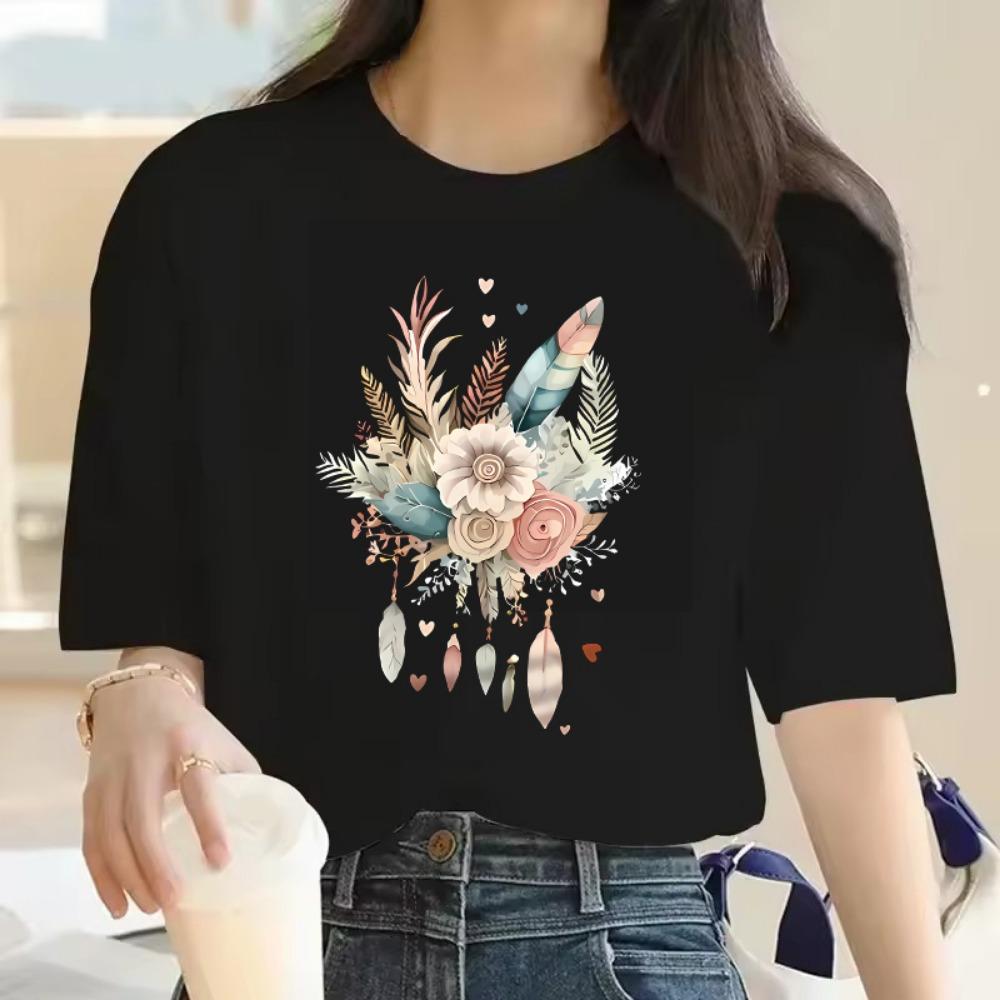 

2026 Hot Sale Art Flower Feather Print T-shirt Short Sleeve Crew Neck Casual Summer Spring Women s Fashion Y2k Clothing Top Tee S