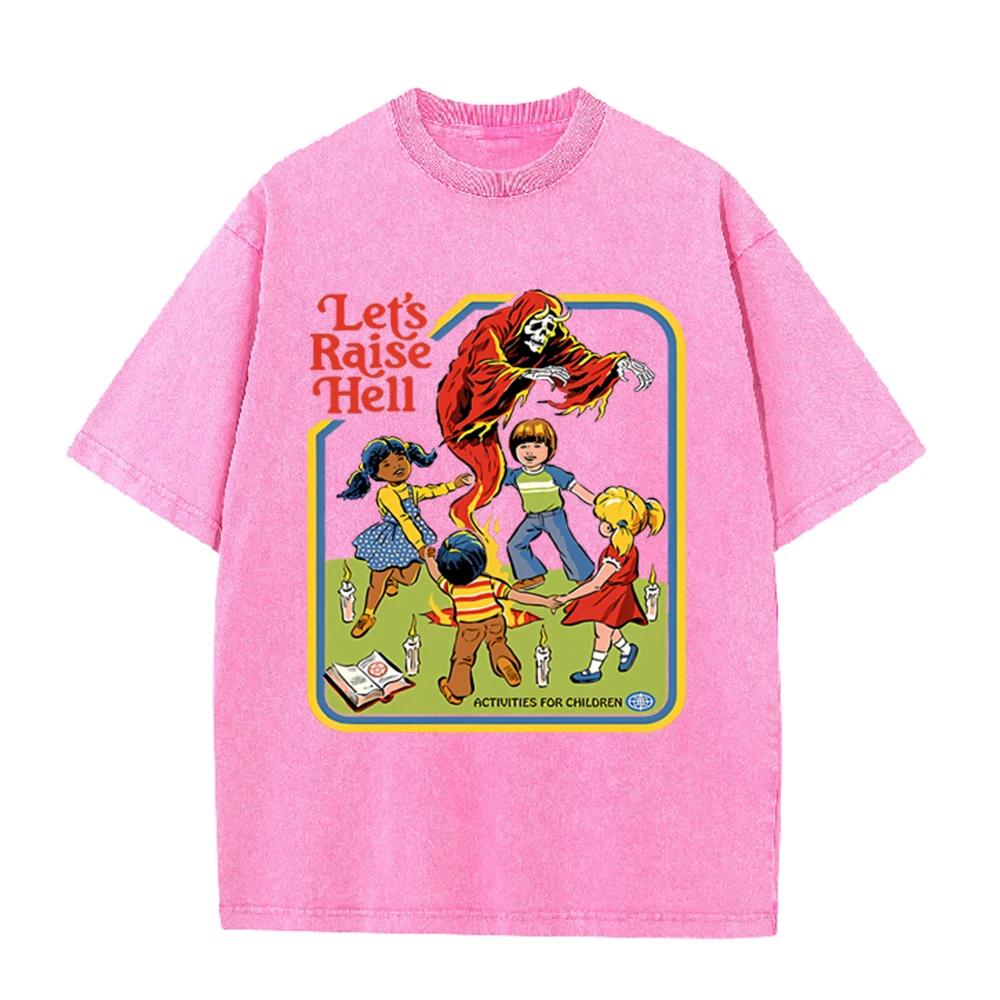 2026 Vintage Retro Grim Reaper Kids Graphic Beige Acid Washed T Shirt Dark Humor Lets Raise Hell Slogan Cartoon Aesthetic Overs