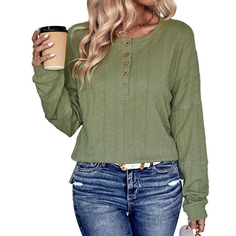 Spring and Autumn Women's Knit Blouse Round Neck Casual Top Green Button Tee Jacquard Long Sleeve Blouse