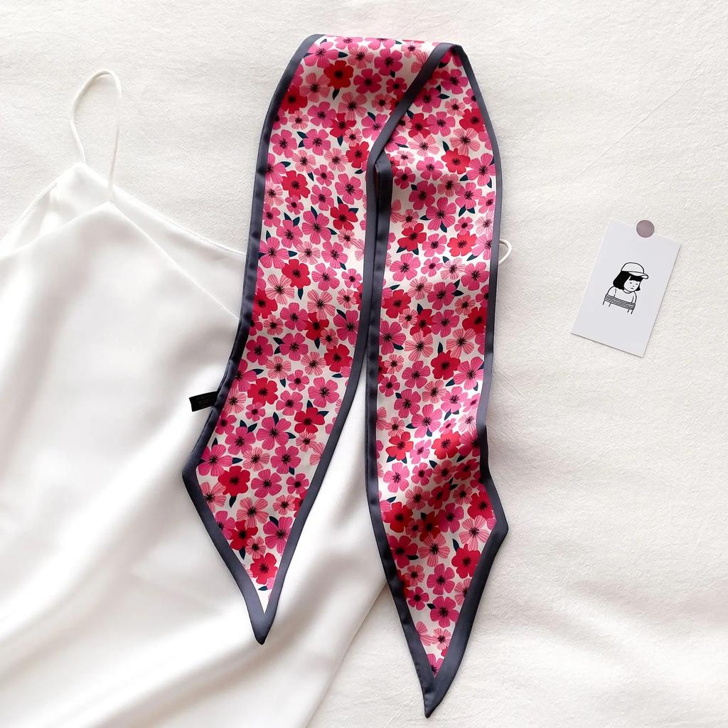 Summer Long Lady Bag Silk Scarf Floral Print Skinny Neck Hair Scarfs Women Band Headwear Handbag Tie Ribbons Handle Wraps Female