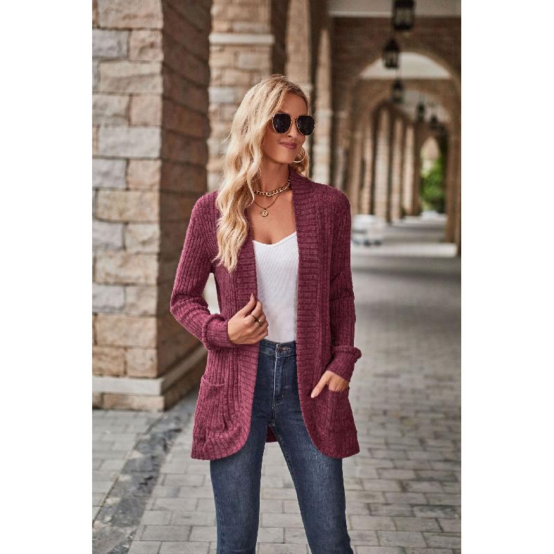 2026 Autumn New Women's Solid Color Ribbed Brushed Casual Long-Sleeve Cardigan Jacket