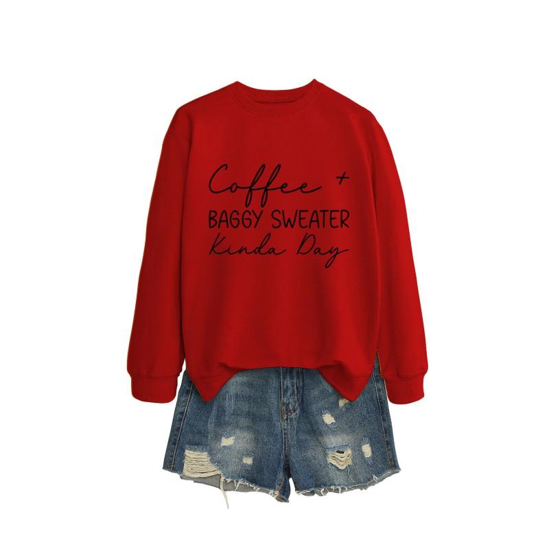 Womens Oversized Round Neck Long Sleeve Cotton Blend Casual Sweatshirt With Print - Loose Fit Comfort Top