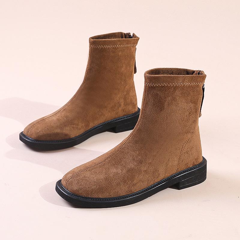 Large Size Low Heel Simple Short Boots Women's 2024 Korean Version of the New Suede Rear Zipper Thick Heel Thin Short Martin Boots