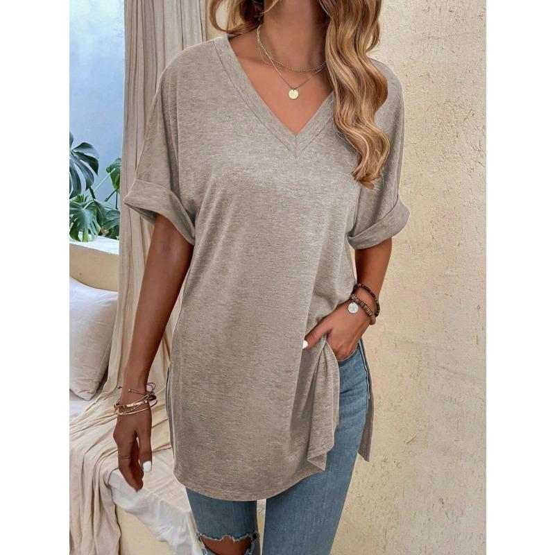 QICED Women's Fashion Casual Solid Color Print Short Sleeve V-Neck Blouses & Shirts