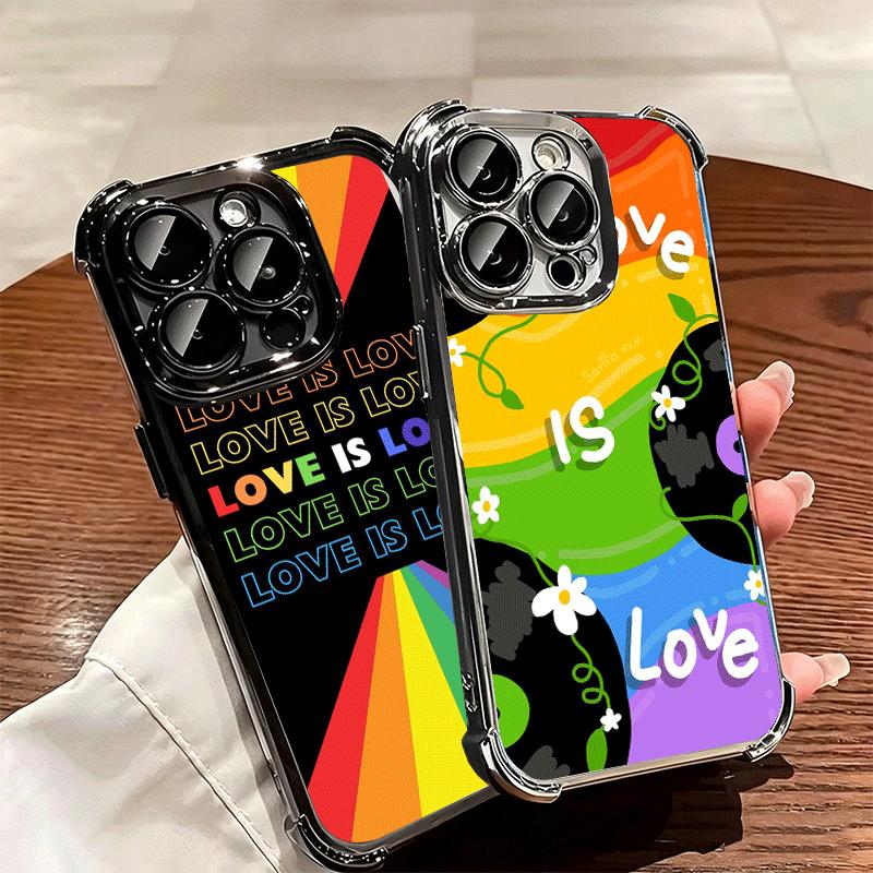 LGBT Rainbow Love Is Love Plating Phone Case For Iphone 16 17 Pro Max Air 16E 14 15 Plus 12 13 Mini Anti-Fall Airabag Cover