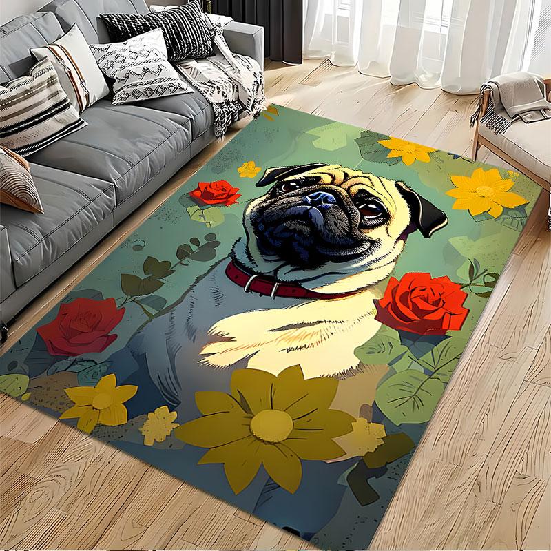 Pug Dog with Colorful Flowers suitable as a non-slip mat for the living room or bedroom sofa