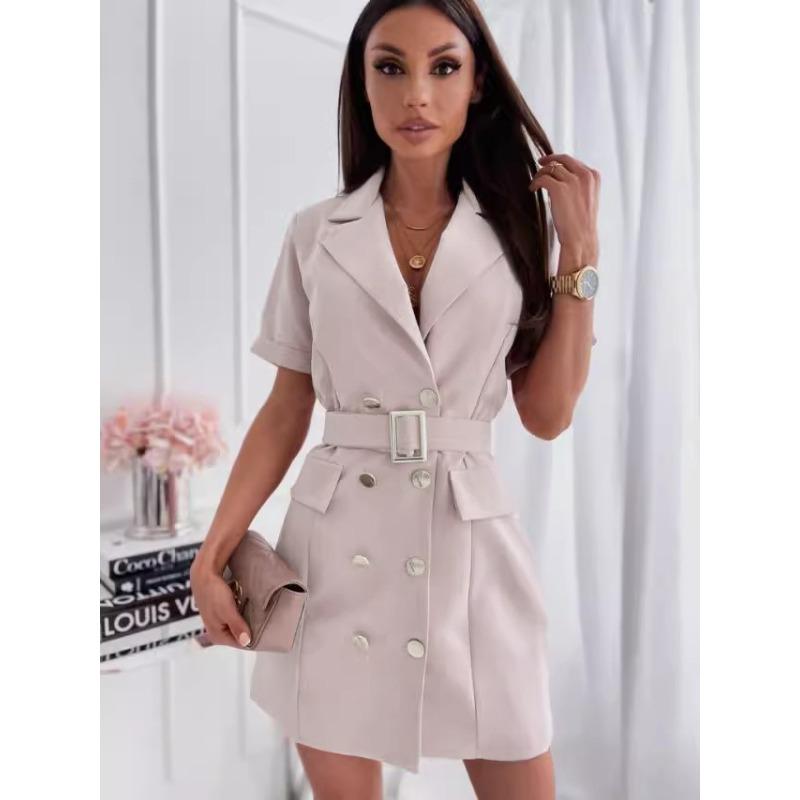 New, Summer Fashion Waist Double-breasted Short-sleeved Suit Collar Dress Women's Clothing