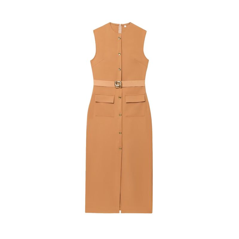 Spring New Women's Clothing Breasted Decoration with Belt Crepe Sleeveless round Neck Midi Skirt Dress 3897054