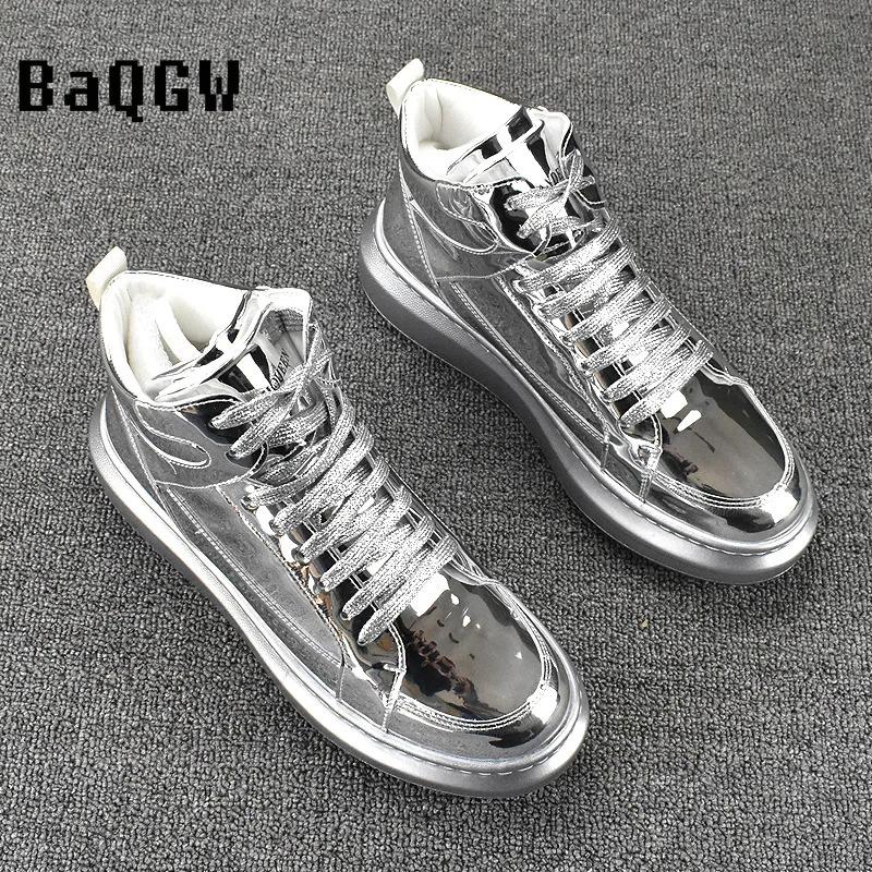 Gloden SLiver Fashion Leather Boots for Men Waterproof Lace Up Short Ankle Boots Men Outdoor Platform High Top Motorcycle Boots