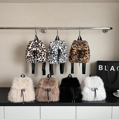 Leopard Print Plush Backpack: Women's 2025 Autumn Casual High-Capacity Shoulder Bag