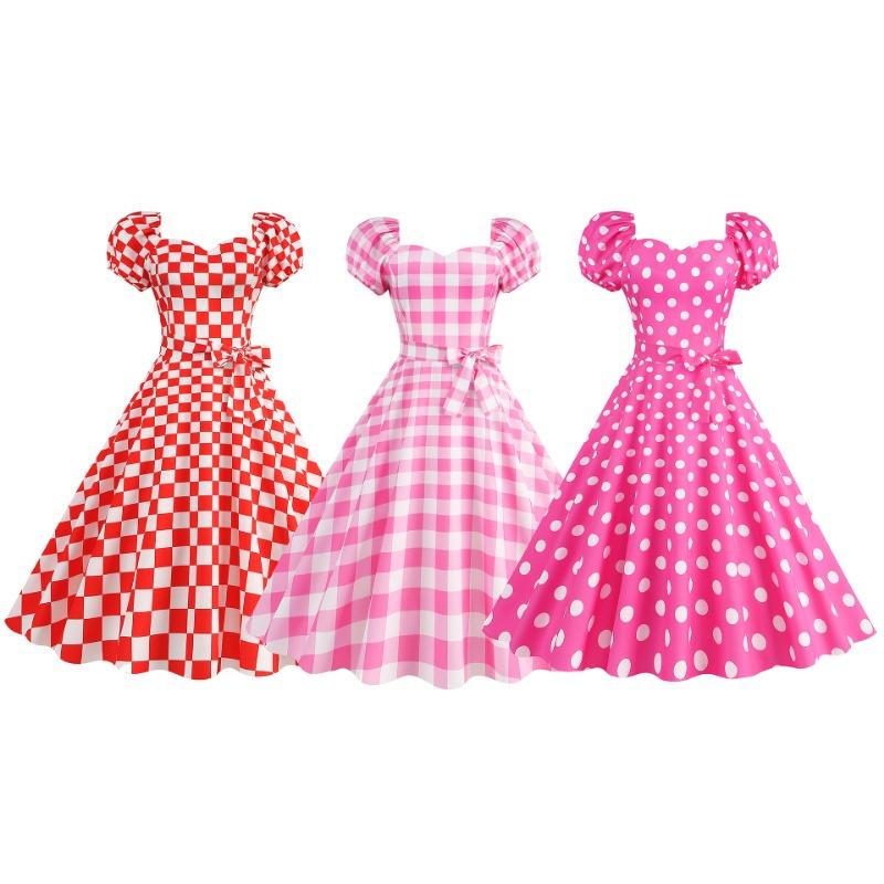 Heißer Verkauf, Sommer Sexy Puffärmel Schnürbund Kariertes Kleid