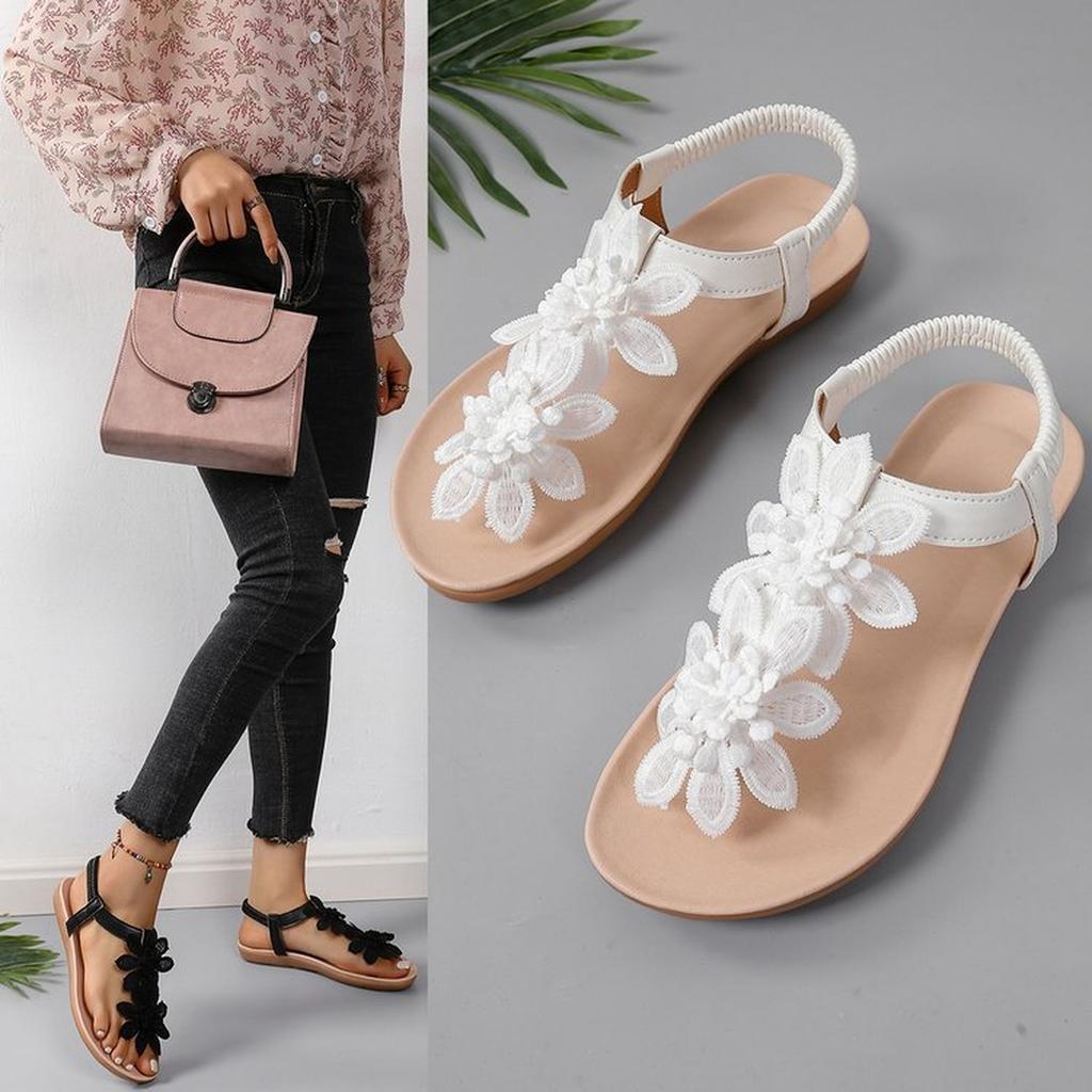 Women Flower Sandals Comfort Walking Casual Summer Beach Thong Shoes Dress Elastic Boho Cute Flats