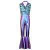 Kids Metallic Shiny Sleeveless Jumpsuit with Print Patchwork and Flared Pants for Boys Disco Halloween Party Outfit