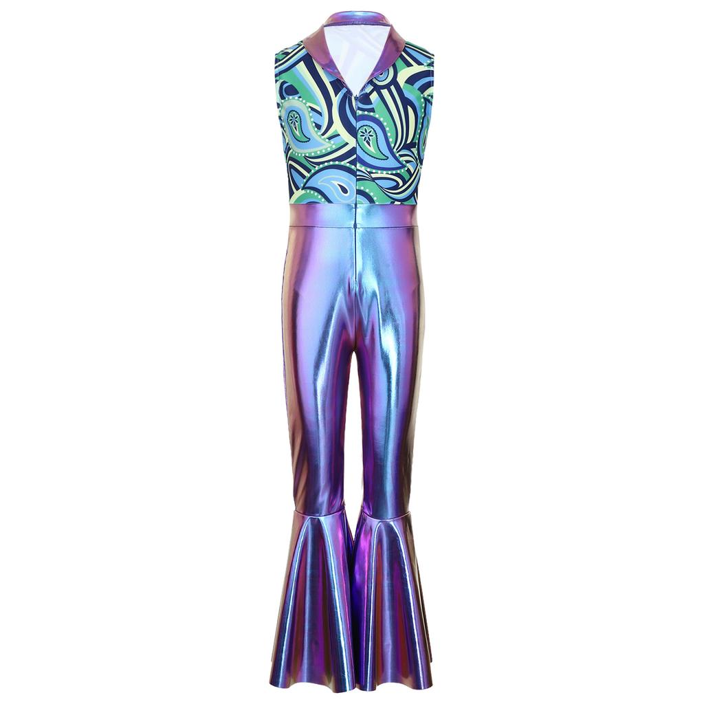 Kids Metallic Shiny Sleeveless Jumpsuit with Print Patchwork and Flared Pants for Boys Disco Halloween Party Outfit