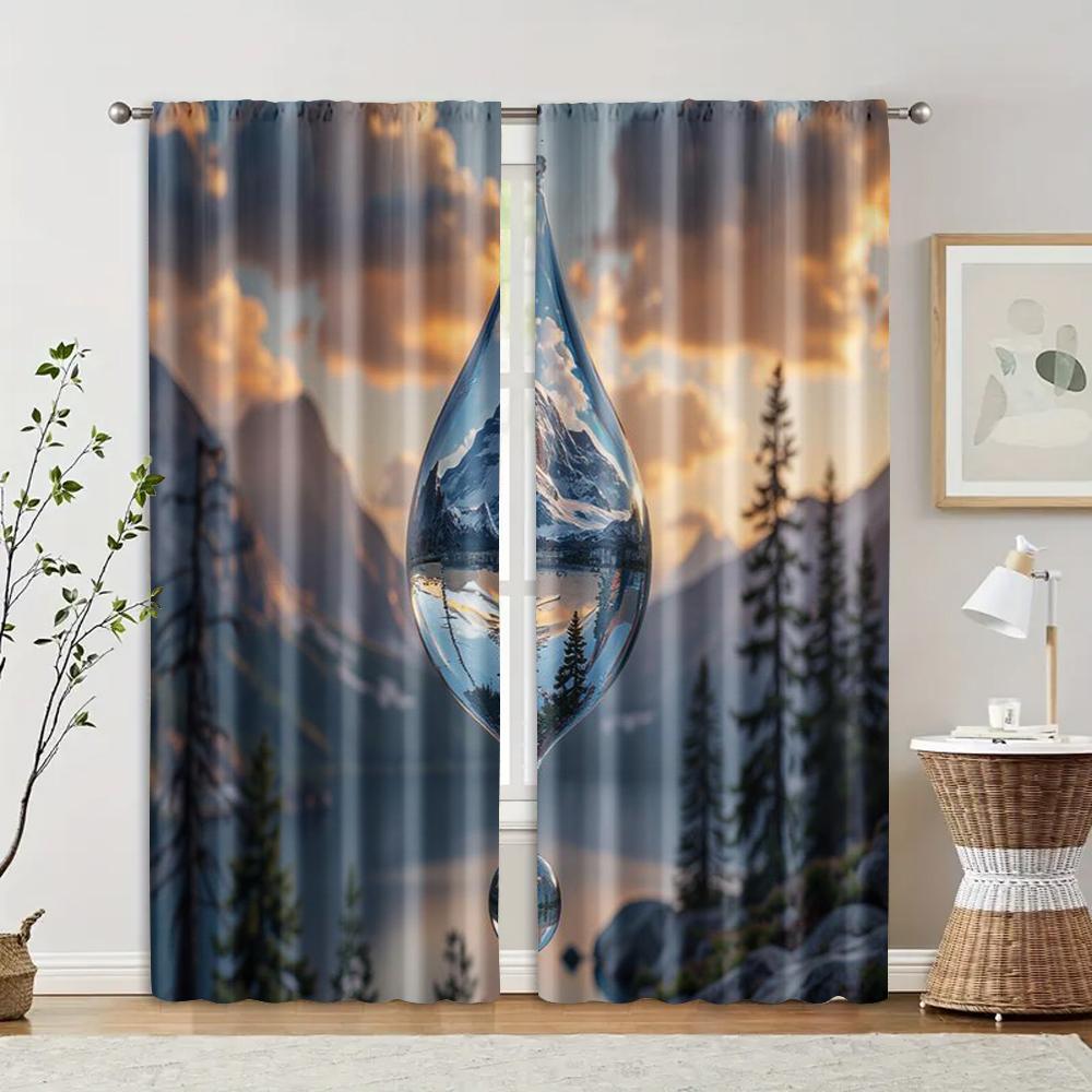 

2 pcs, filtering curtains (excluding rods, non-movable, without batteries) Water drops and mountainsbackgroundsuitable for use 29x65in(75x166cm)