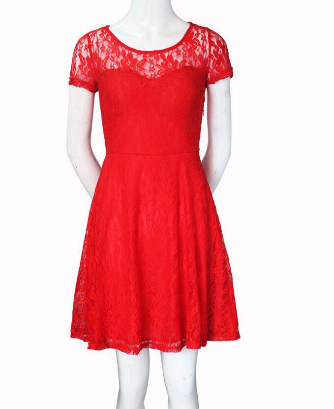 Elegant Blue Lace Trim Round Neck Short Sleeve Dress