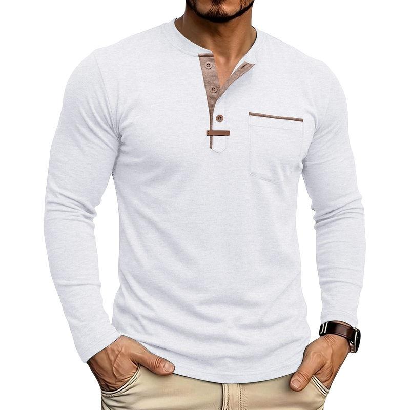 Autumn Winter Mens Henley Long Sleeve T-Shirt Contrast Collar Placket 3 Buttons Chest Pocket Soft Casual Daily Tops