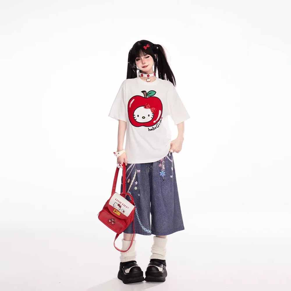 Summer Pleated Pockets Wide Leg Jean Shorts Retro Y2k Gyaru Streetwear Rainbow Chain Print Bermuda Pants for Women