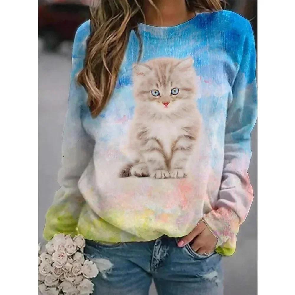 

Ladies cute cat pattern 3D printed casual long-sleeved T-shirt 8xl
