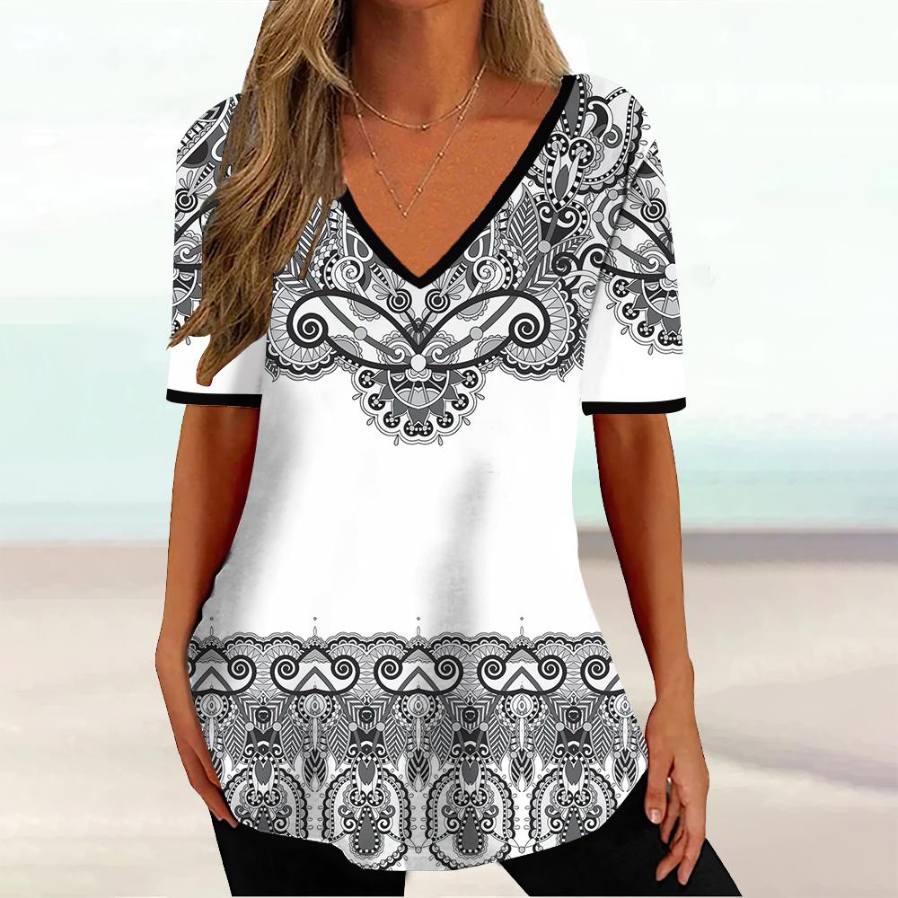 Summer V-neck 3D Geometric Striped Printed Top Fashionable Casual Short Sleeved Women's T-shirts