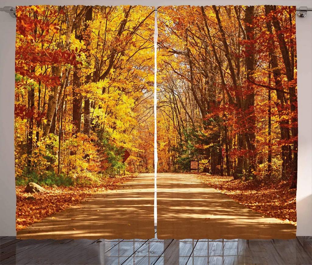 3D Curtain Tree Scenery for Bedroom, Autumn Forest Sunset Print, Light Curtain, Essential Polyester, 2 Panels