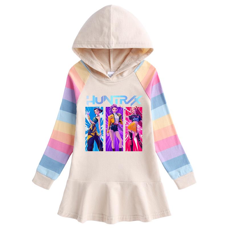 Kpop Demon Hunter Girls' Rainbow Ruffle Hooded Dress – Long Sleeve Princess Style for Spring & Autumn