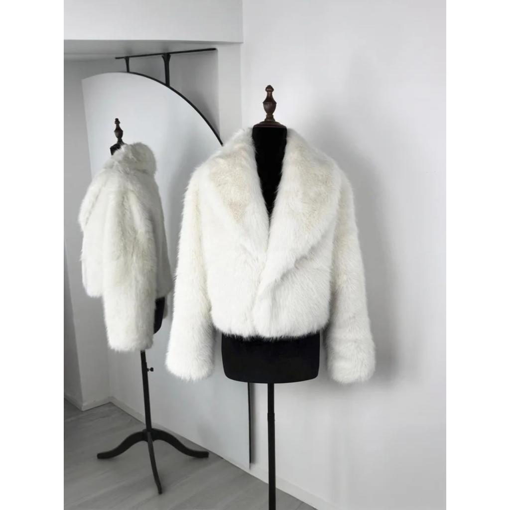 Wintermode Pelz Feder Oberbekleidung für Damen Revers Hohe Taille Warm Locker Langarm Pendelmantel Weiblich Pelz Feder