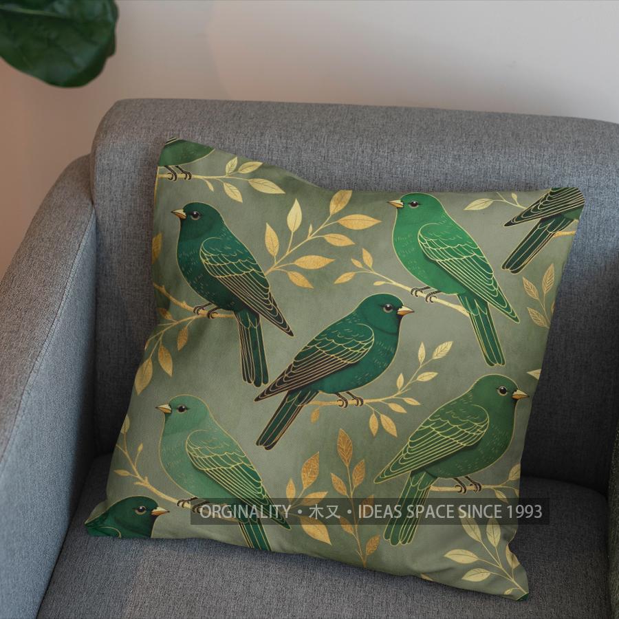 2D Green Birds & Leaves Pattern Decorative Pillow Pattern Cushion Cover Suitable For Sofa Bedroom Car Pillow Cover