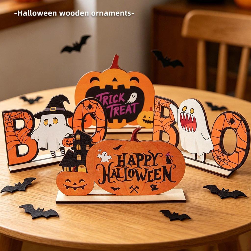 4Pcs Halloween Decor Statue Spooky Wood Centerpiece Ornament Figurine for Indoor Party