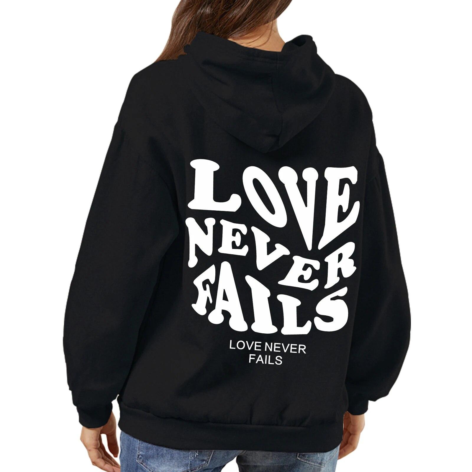 

Толстовки с буквенным принтом Love Never Fails, унисекс/женская толстовка, черная осень, винтажные свободные топы в стиле Харадзюку, повседневные пуловеры унисекс