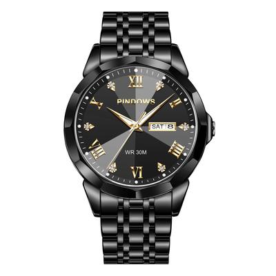PINDOWS Armbanduhr Diamant Business Dress Analog Quarzuhr Luxus Wasserdicht Leuchtend Datum Zweifarbig Edelstahlband Klassische Modeuhr Herren